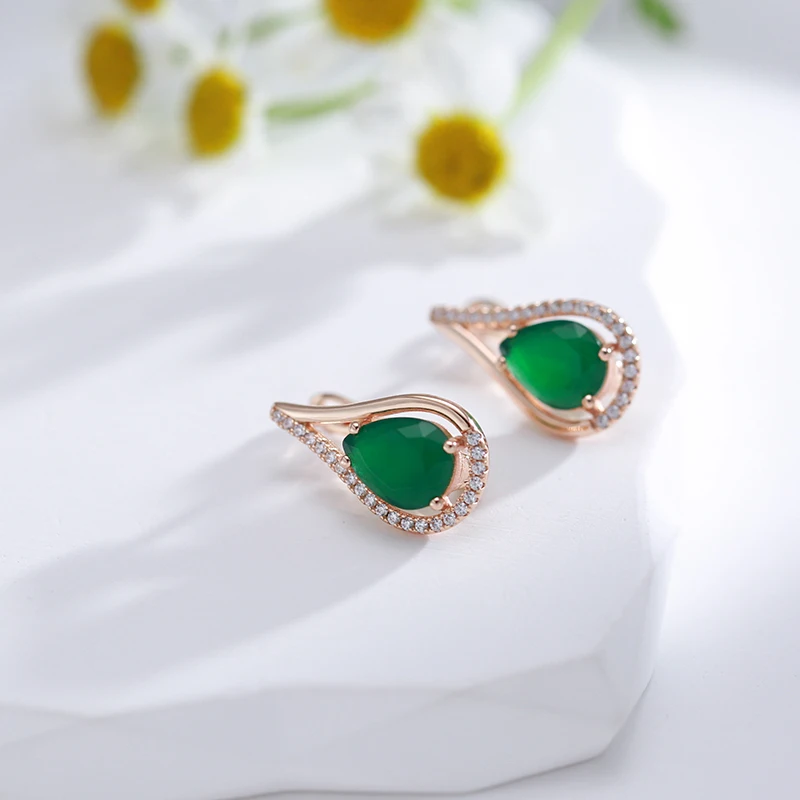 SYOUJYO Dark Green Natural Zircon Water Drop Earrings For Women Bride Wedding Jewelry Trendy 585 Rose Gold Color Dangle Earring