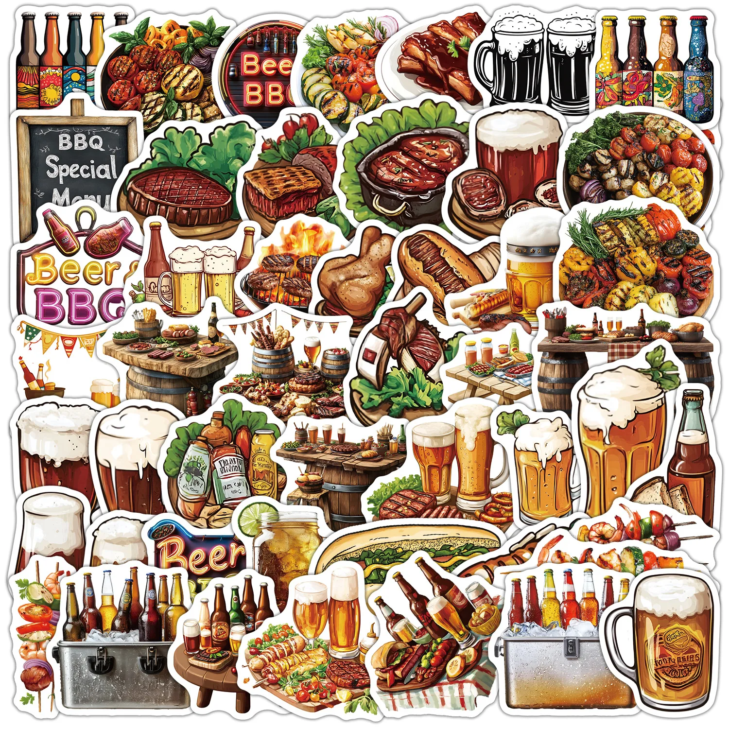 50 PCS Retro Style Beer BBQ Party Food Theme Graffiti Stickers Decorate Fridge Lunch Box Cabinet Luggage Removable Decals