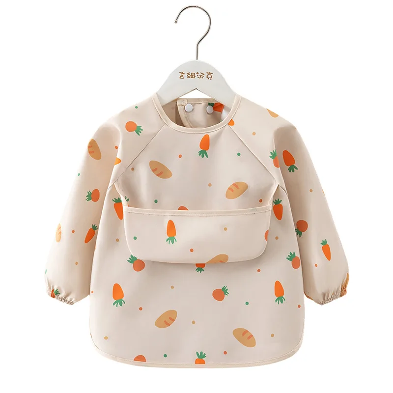 1 قطعة مريلة تغذية الطفل مقاوم للماء كم طويل المئزر جيب الأرز تغذية بلوزة طفل المرايل الأطفال الصيف رقيقة تغذية سموك #6