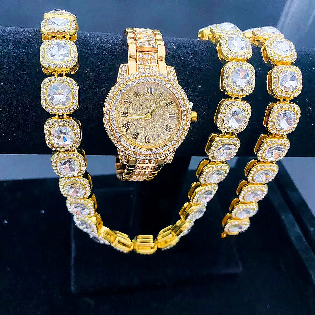3PCS Iced Out Watch for women Bracelet Necklaces for Men Gold Watch Chain Bling Bling Jewelry for Men Simple Watches reloj mujer