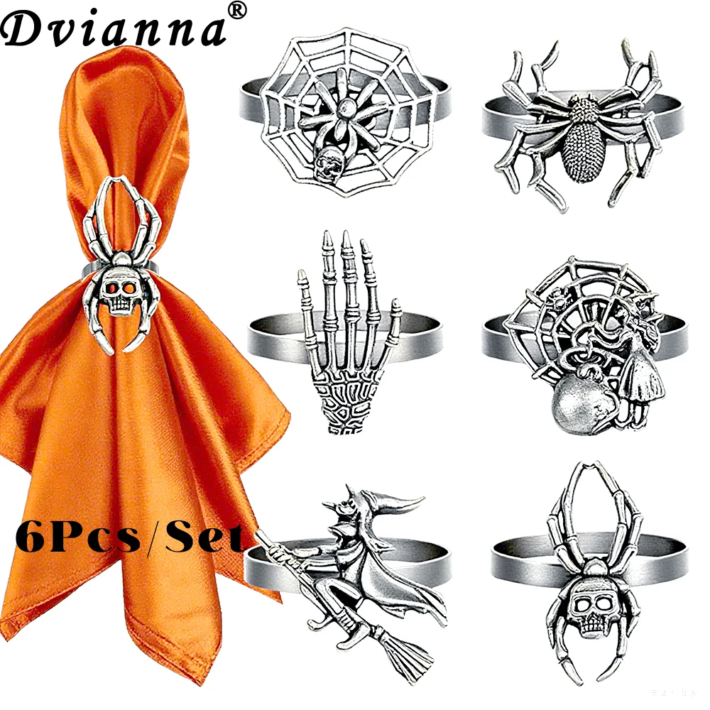 

6Pcs Silver Halloween Napkin Rings Set Mixed Witch Spider Skeleton Hand Napkin Holder for Spooky Gothic Party Dining Table Decor