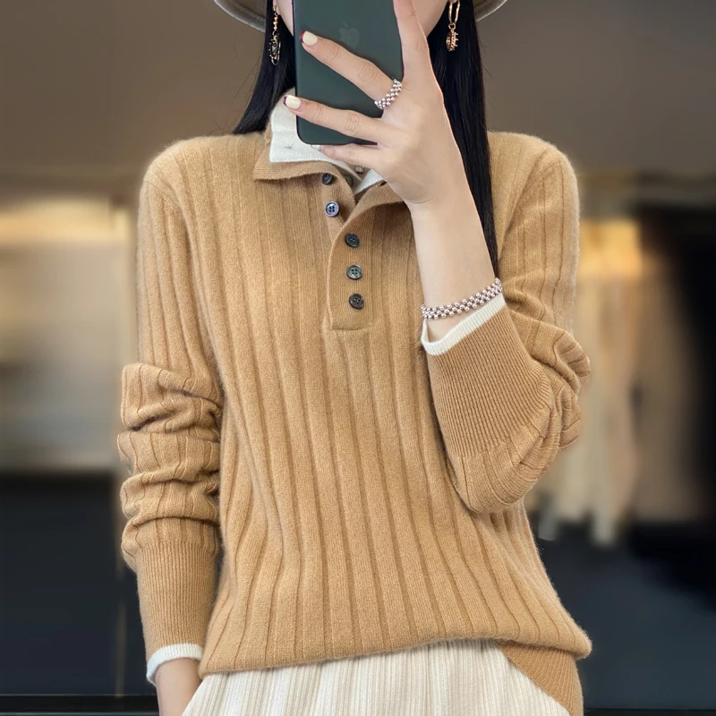 High Quality Women 100% Merino Wool Sweater Autumn Winter Casual Shirt Collar Pullover Thickened Warm Cashmere Knitwear Top