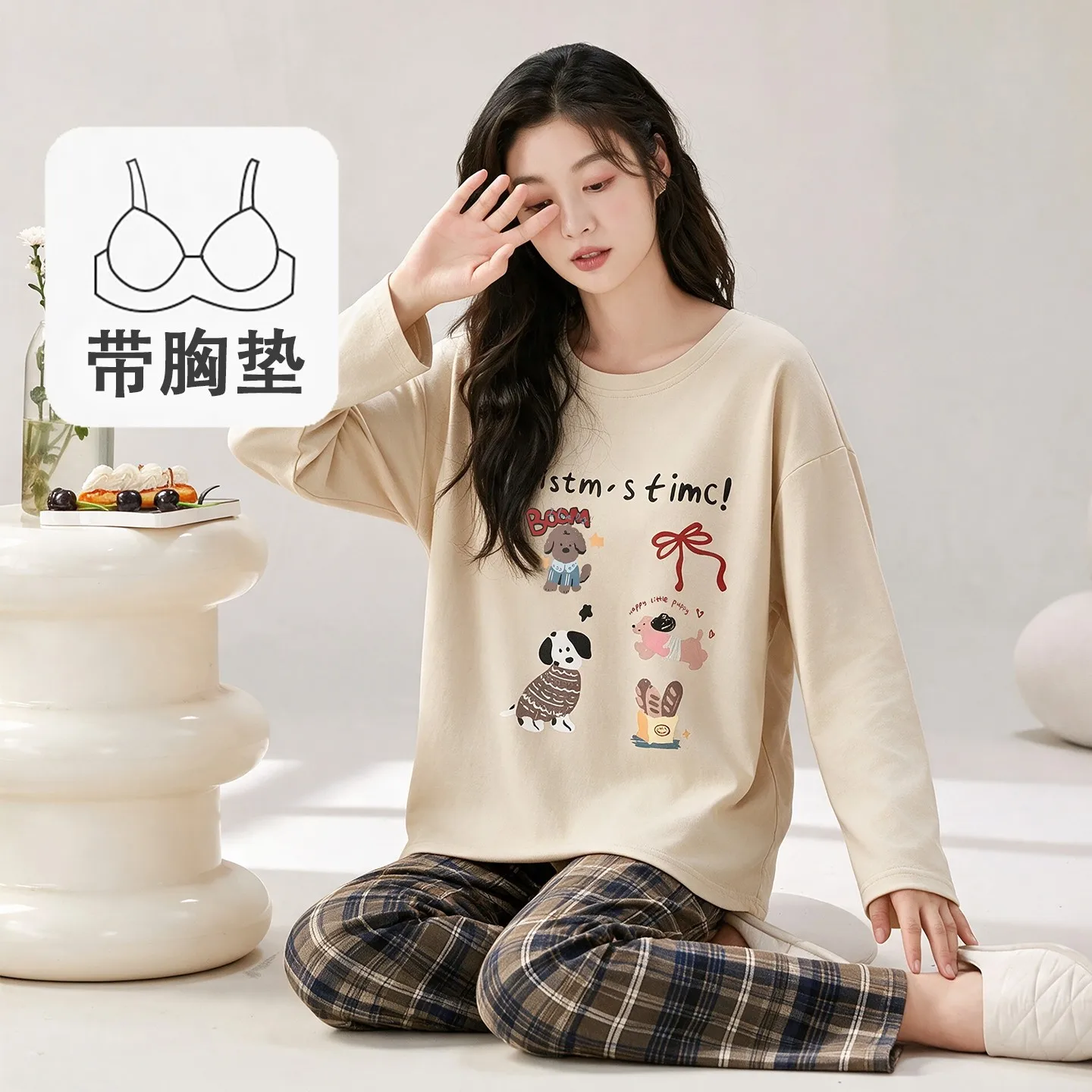 Autumn Spring Cotton Women's Pajamas Set Young Girl Sleepwear with Bra Pad Long Sleeves Trouser 2pcs/set clothes for women