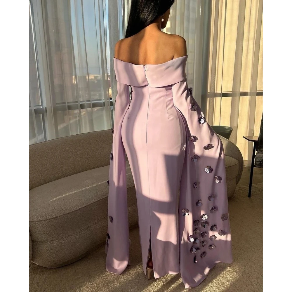 Vestido de noche lila con hombros descubiertos, personalizado, cuello Baot, lentejuelas, flores, elegante vestido de fiesta, sirena, largo hasta el suelo, vestido de fiesta