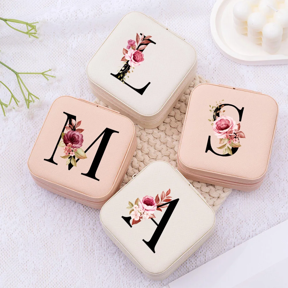 1pc Floral Letters Ladies PU Leather Jewelry Box Portable Ladies Travel Earrings Rings Necklace Storage Organizer Wedding Gifts
