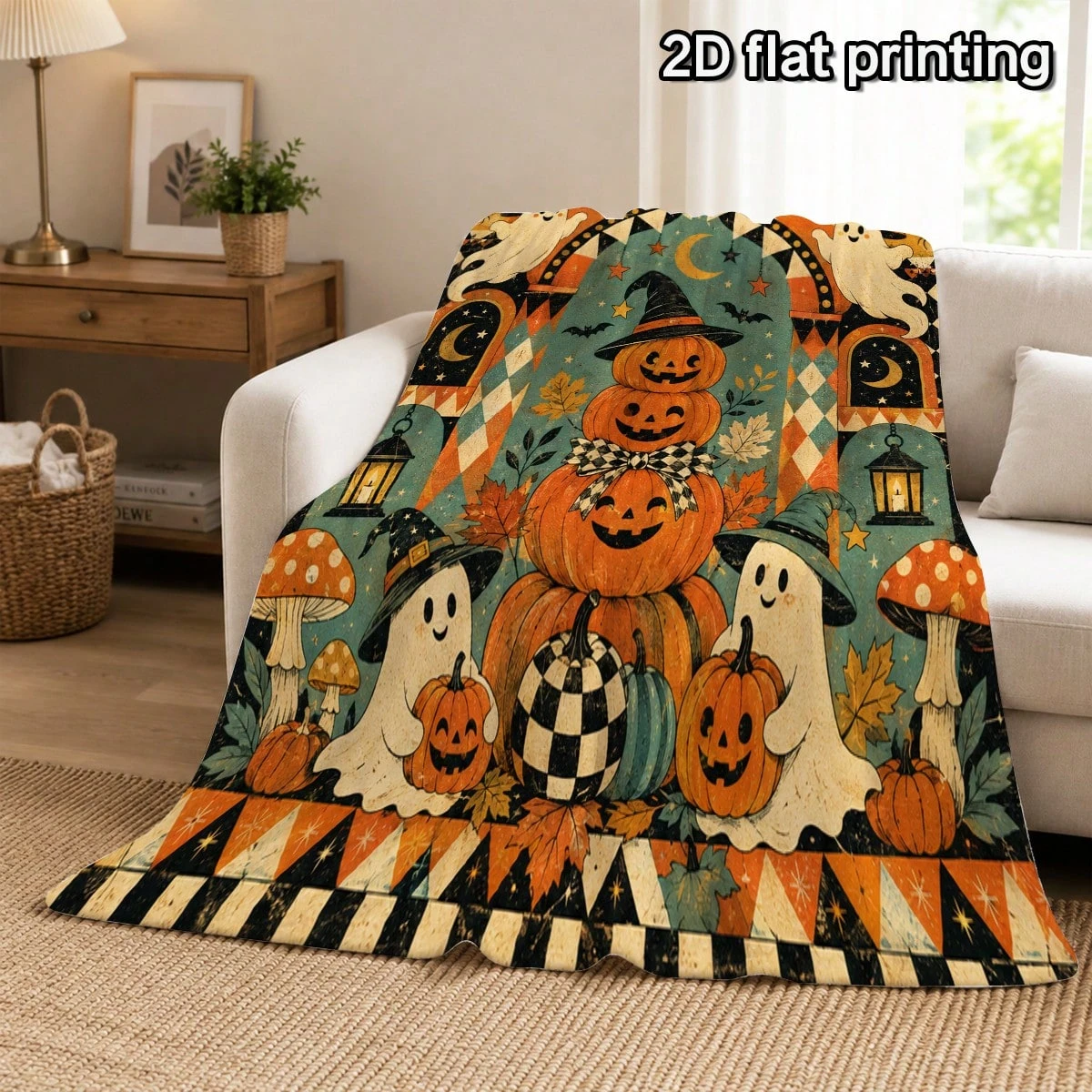 1pc Halloween Flannel Throw Blanket Vintage Circus Ghost Pumpkin 2D Print Soft Lightweight All Season Holiday Blanket for Bedroo