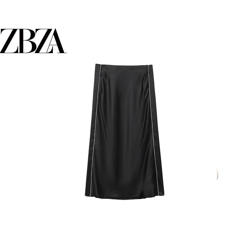 Fashionable Casual Color Block Satin Midi Skirt Women's Standard Waist Design Polyester Fiber Other Processed Skirts