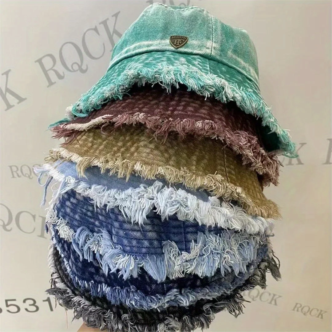 

Washed Shabby Denim Burr Edge Bucket Hat Women Men Solid Retro Street Fisherman Hat Outdoor Sport Cycle Travel Sunshade Sun Hat