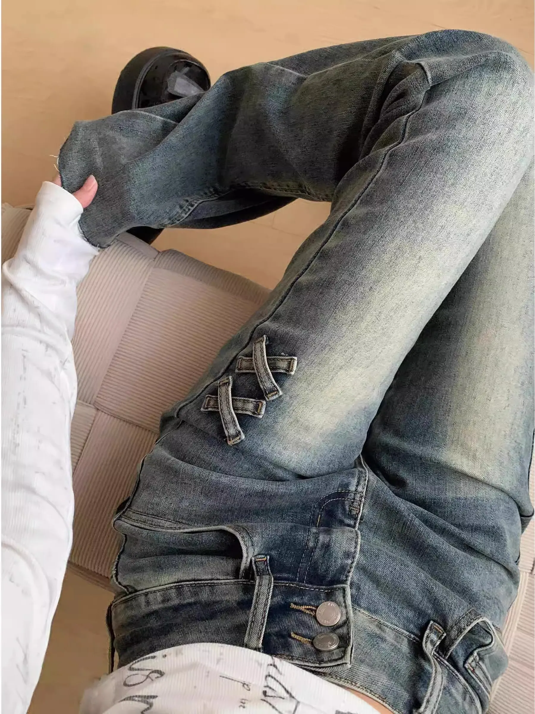 

High Waist Bell Bot Denim Jeans Women's Spring plus Size Slim Fit Knot Long Pants Wide Leg Pants Zipper Closure