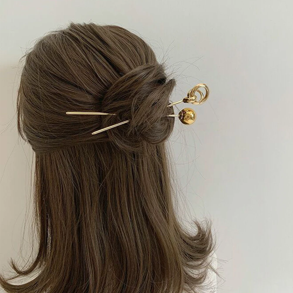 Women Disk Hair Temperament Round Ball Hollow Simple Hair Fork Metal Hairpins Hair Sticks Hair Accessories