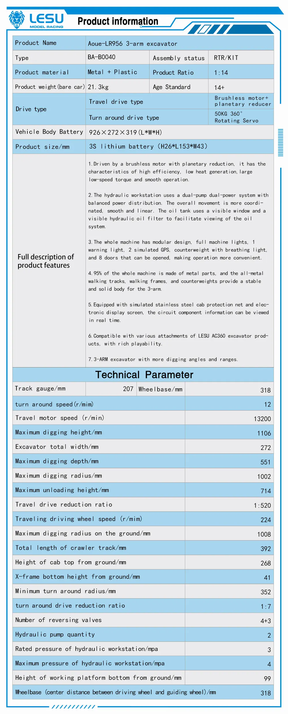 

LESU 956 1/14 Metal RC Hydraulic Excavator Digger Radio Control Construction Vehicle Machine Trucks Cars Hobby Model Toy for Boy