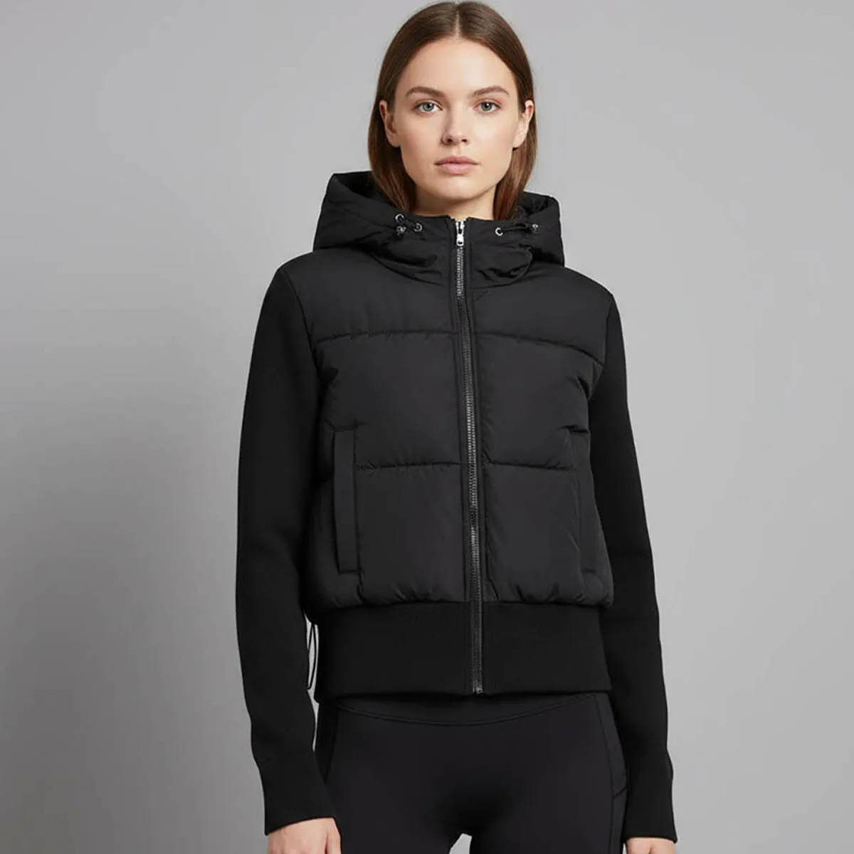 

Winter Women Black Slim Fit Cotton Jacker Fashion Splicing Sleeve Zipper Hooded Short Cotton-padded Coats Windproof Outerwear