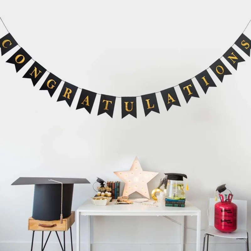 Gold Black Congratulations Banner for Graduatoin Party Decoration Swallowtail Pennant Flags Bunting Hanging Congrats Sign