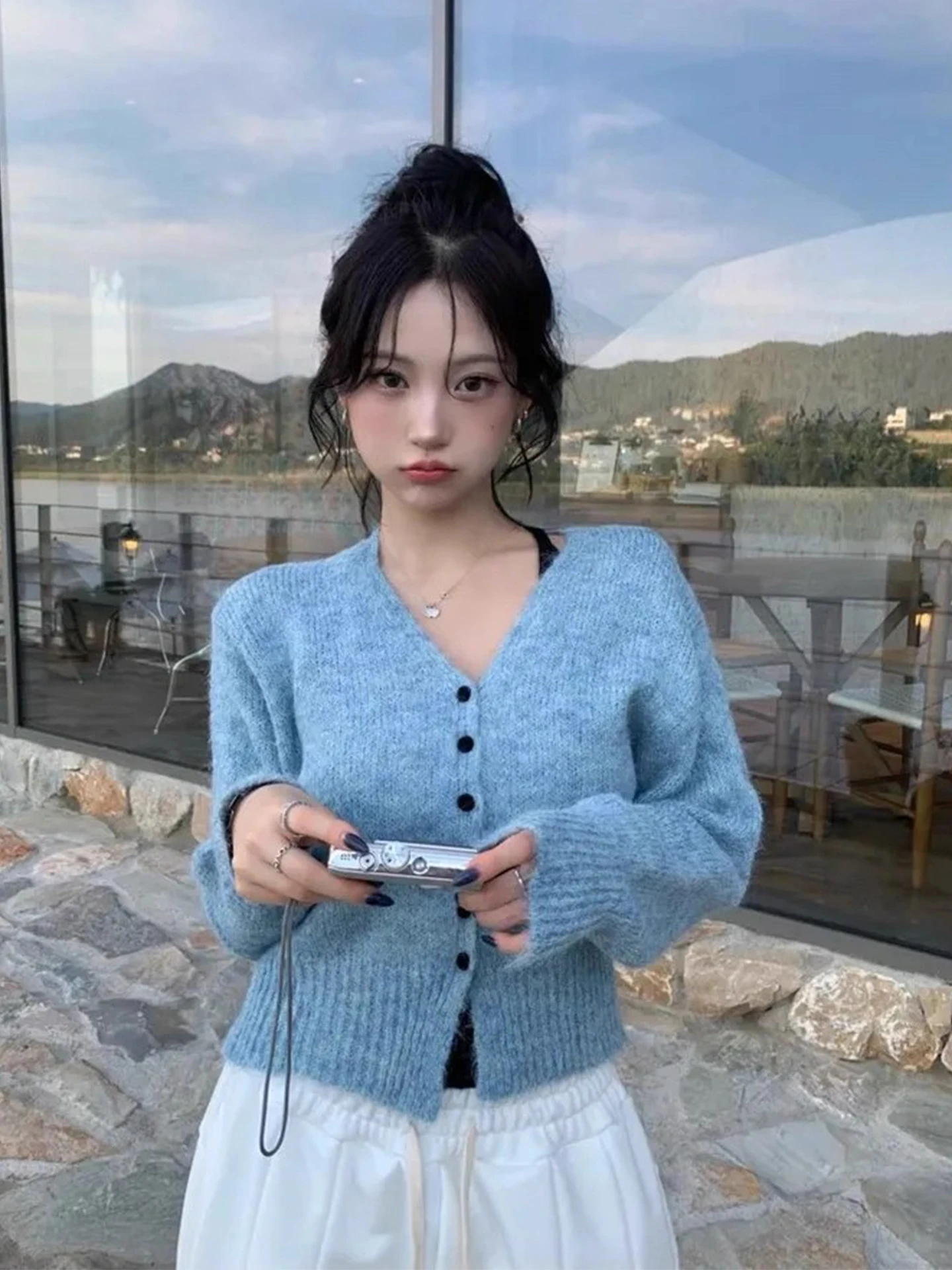 

Женская трикотажная верхняя одежда Soft Wind V-Ne Long Sve, осень 2023, новый универсальный свитер небольшого размера, свободный крой, обычный...