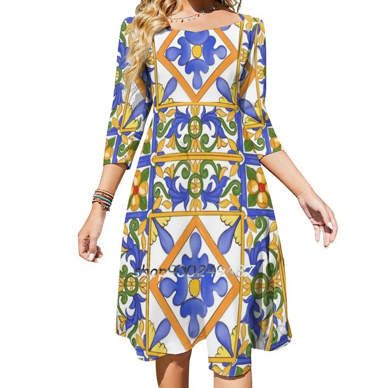 Citrus , Sicilian Style Summer Decor Pattern Evening Party Dresses Midi Sexy Dress Female Sweet One Piece Dress Korean Boho