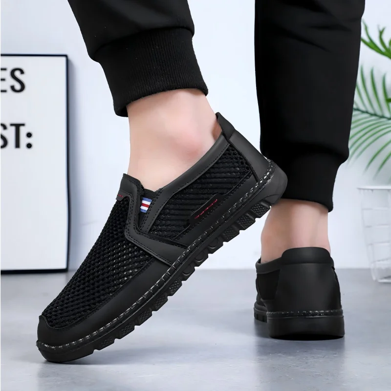 Men's Hollow Large Mesh Slip-On Loafers, Smooth Splicing Trim with Tiny Stripe Tag, Hand Stitched Edge Low Block Sole Footwear