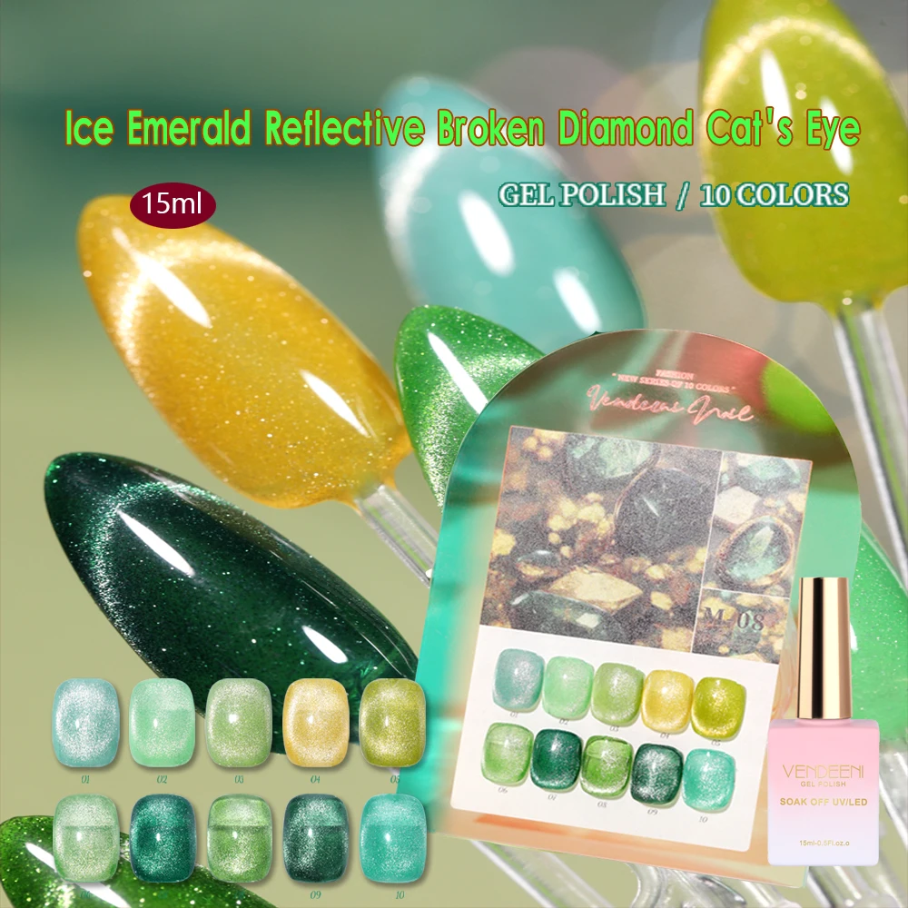 Vendeeni 10 Colors/set Emerald Broken Diamonds Crystal Cat Eye Gel Nail Polish Green Glitter Glass Gel Lacquer With Display