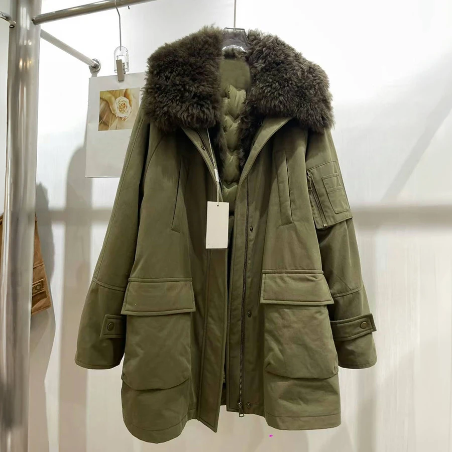 Veste en peau de mouton véritable pour femme, doudoune avec garniture en fourrure d'agneau, manteau Long avec fourrure, veste en fourrure naturelle de haute qualité