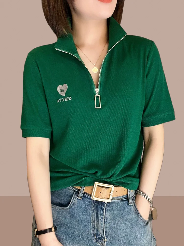 2026 Summer New Women's Pure Cotton Short Sleeve T-Shirt Short Style Half Zipper Fashionable Anti-Aging Small Shirt Stylish B...