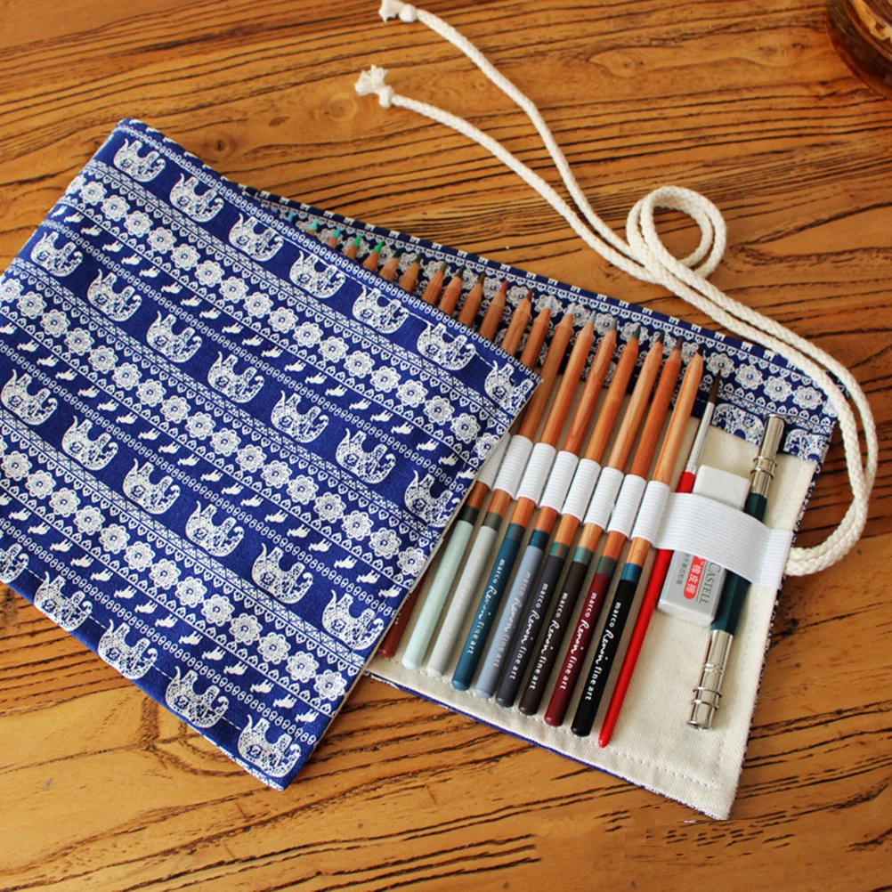 

48 Slot Pencil Case Canvas Organizer Blue White Porcelain Elephant Art Therapy Portable Gift for Artists Pencil Case