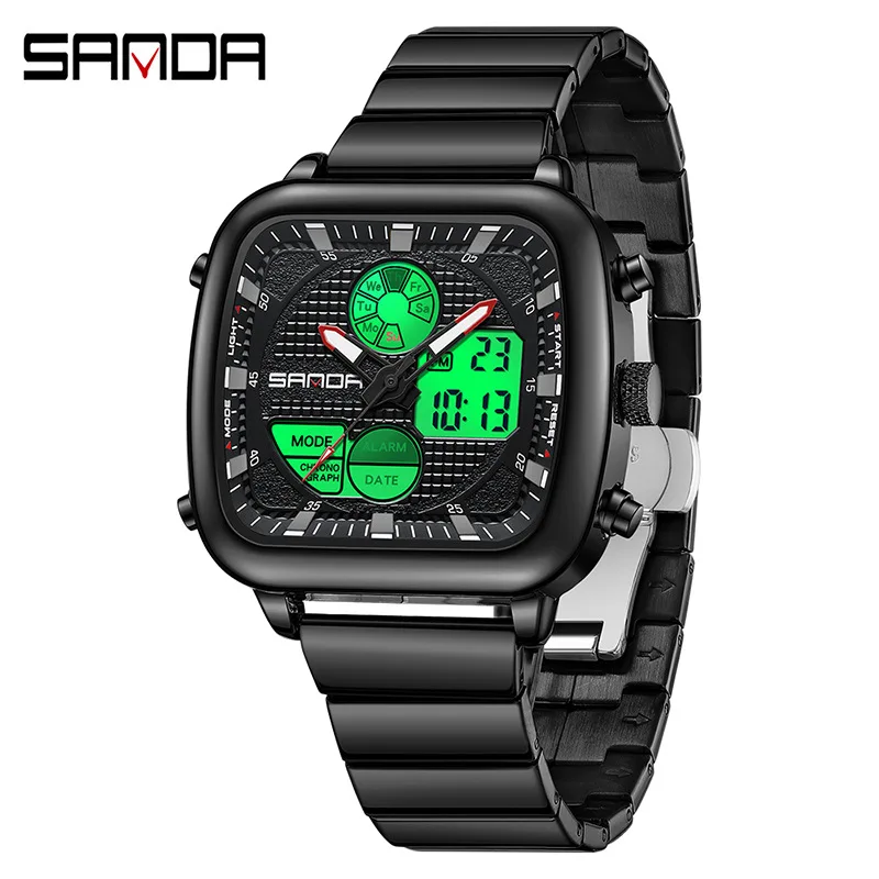 SANDA Klassiek quartz elektronisch herenhorloge met dubbele beweging, waterdicht nachtlampje, stopwatch, wekker, vierkant herenhorloge