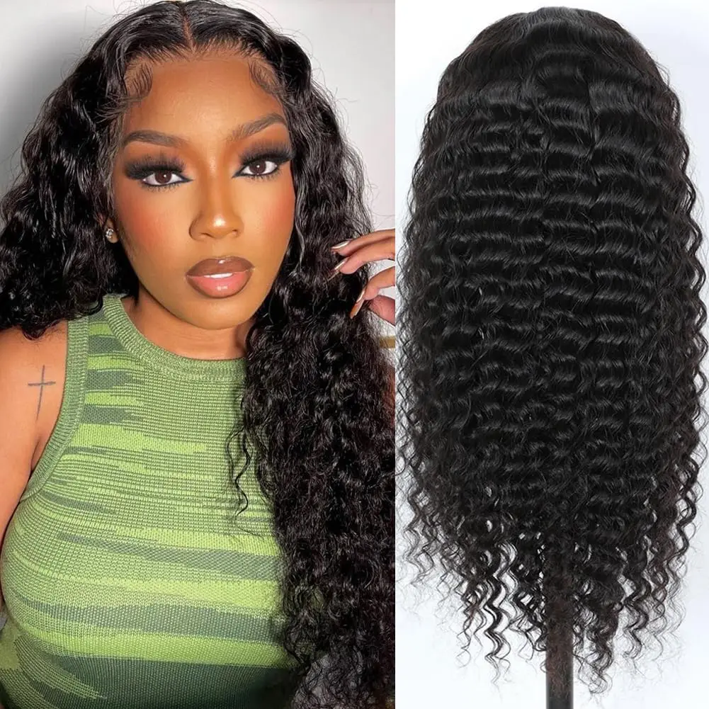 Rambut manusia gelombang dalam sebelum dipetik 13x4 wig Frontal transparan HD wig keriting renda untuk wanita dengan rambut bayi hitam alami