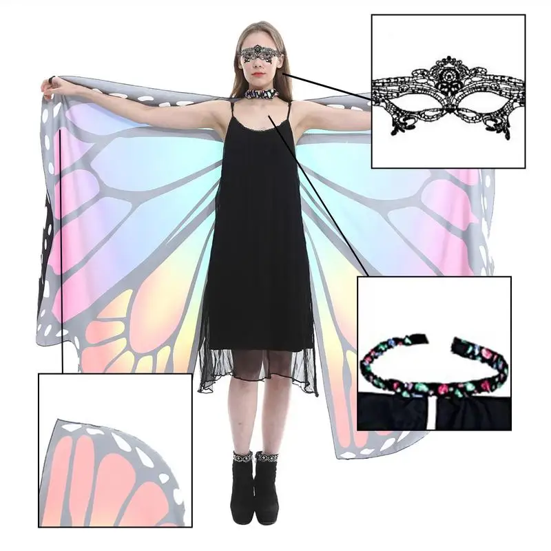 Borboleta traje cape borboleta asas xale com bandana strass impressão colarinho carnaval trajes halloween traje borboleta