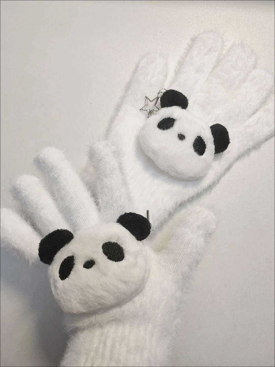 Y2k branco preto panda luvas de malha bonito inverno engrossado bonito luvas de dedo completo feminino lolita luvas jk acessórios