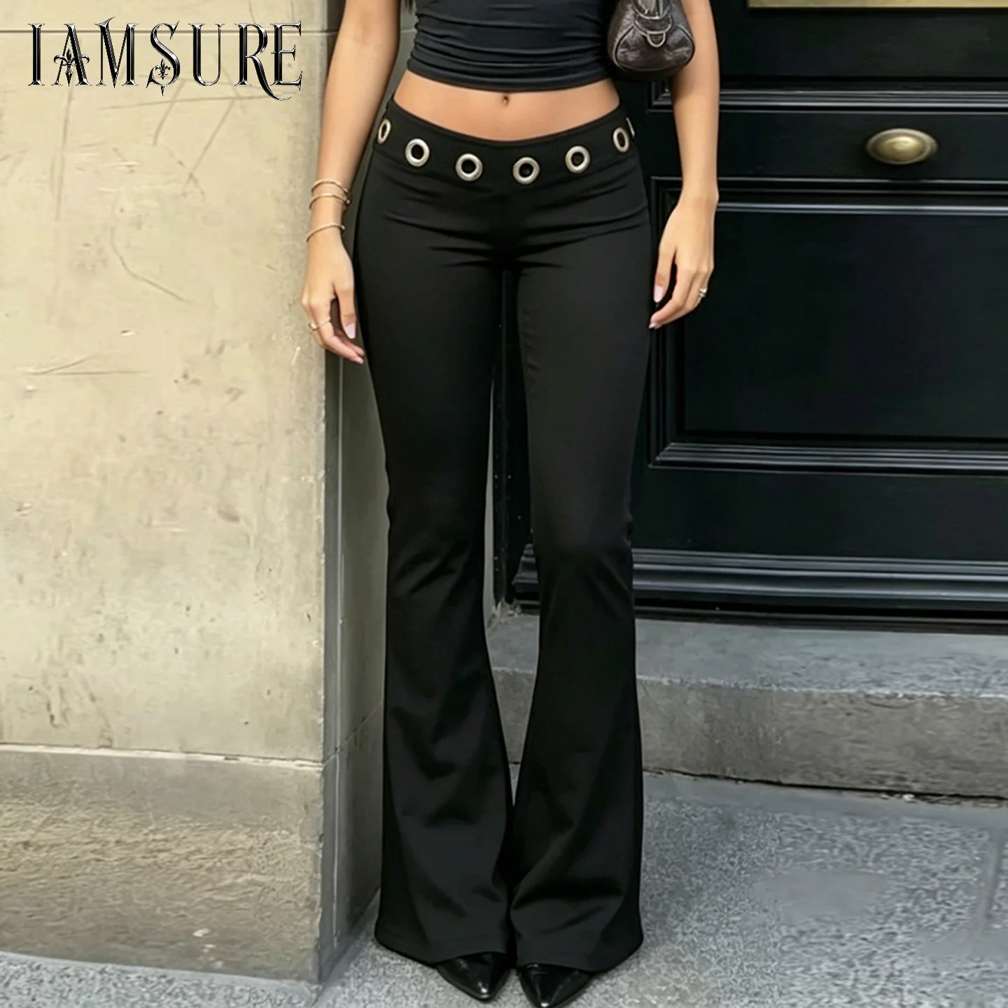 Damen Streetstyle Hose mit Ösen-Verzierung, Modische Tiefsitzende Schmal Geschnittene Lange Schlaghose, Lässige Strickhose