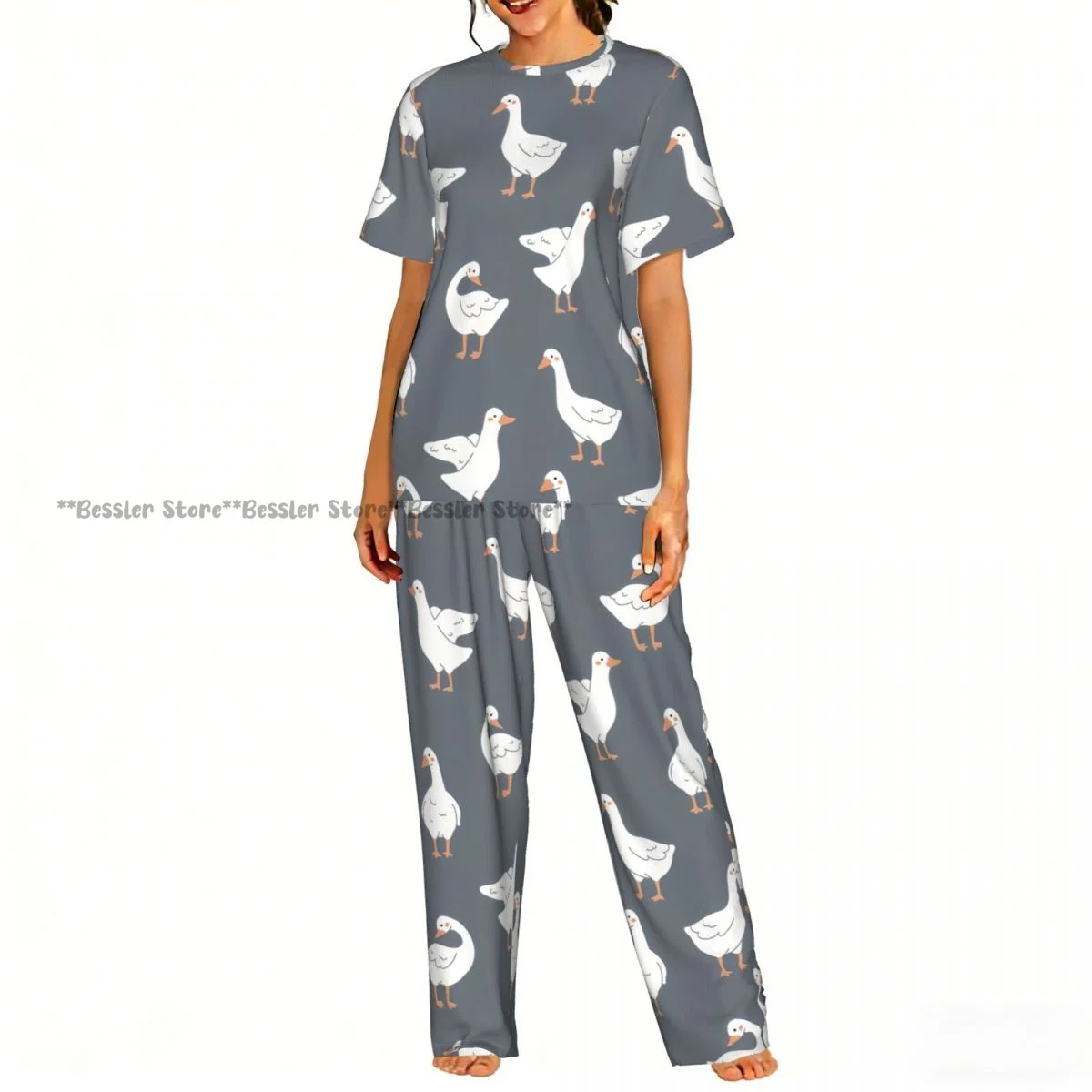 

Women's Comfort Pajamas Women's Cute White Gooses Scandinavian Geese Pattern Short Sleeve Set Sleepwear