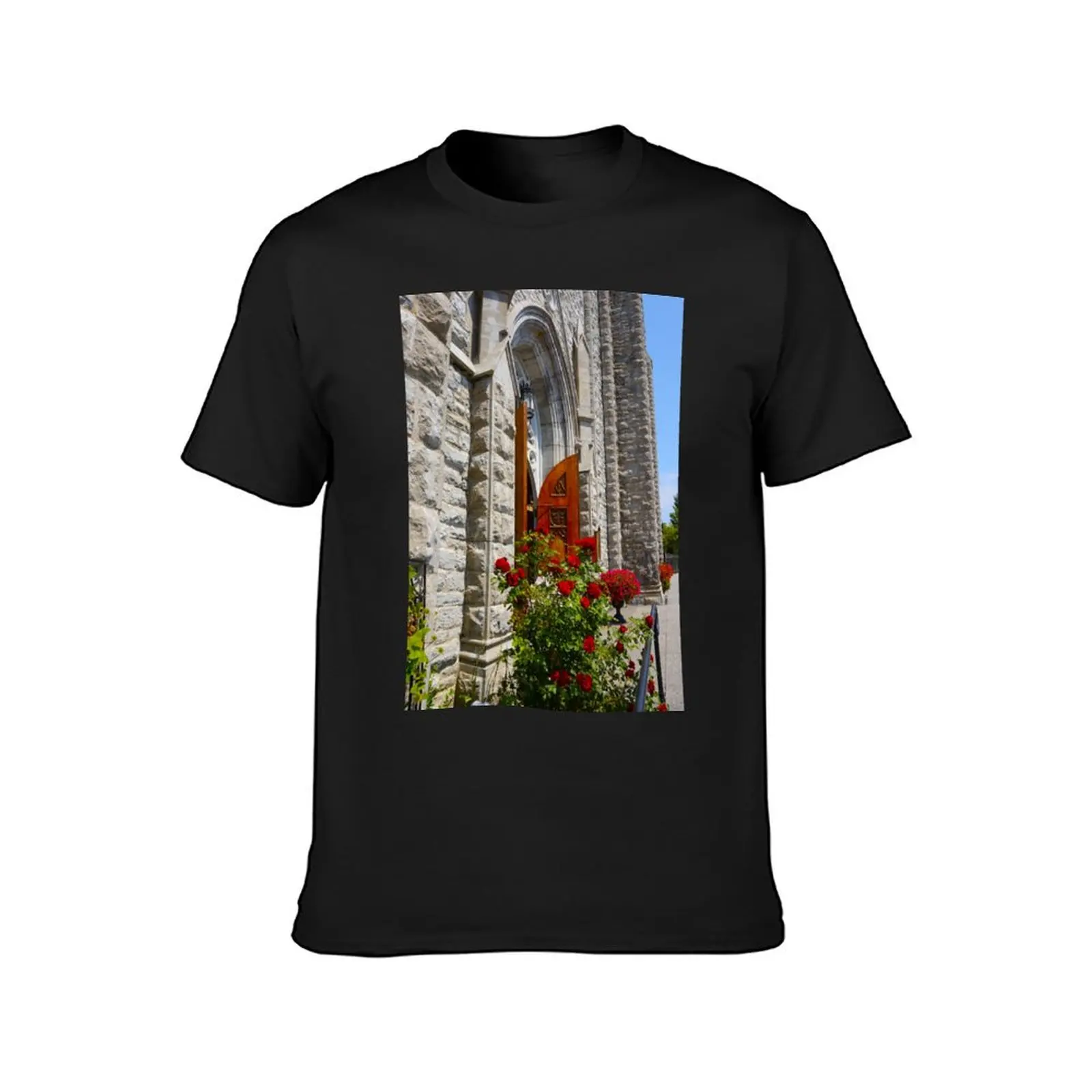 Church Entrance, beautiful Red Roses T-Shirt plus size tops hippie clothes tops vintage clothes mens graphic t-shirts funny