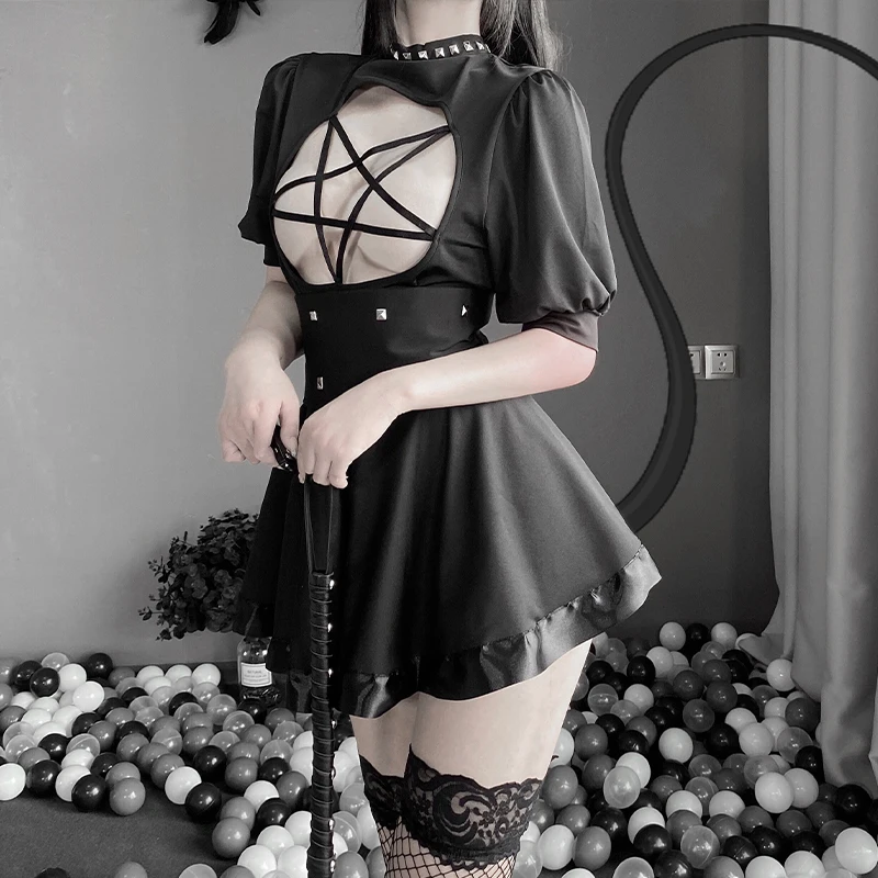 Sexy Women Devil Cosplay Dress Black Hot Pentagram Hollow Out Open Chest Uniform Temptation Demon Underwear Erotic Gothic Outfit