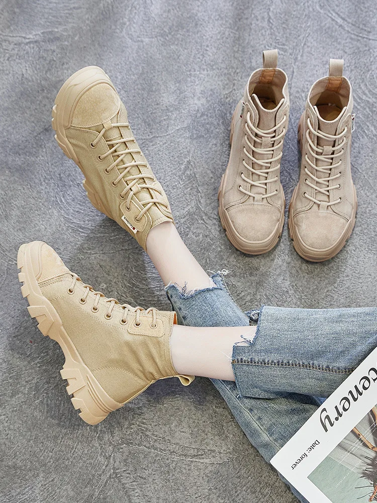 Canvas Martin Boots Women\'s 2024 Summer Thin British Style Thick Sole Walking Casual Shoes High Top Boots Mountaineering Shoes