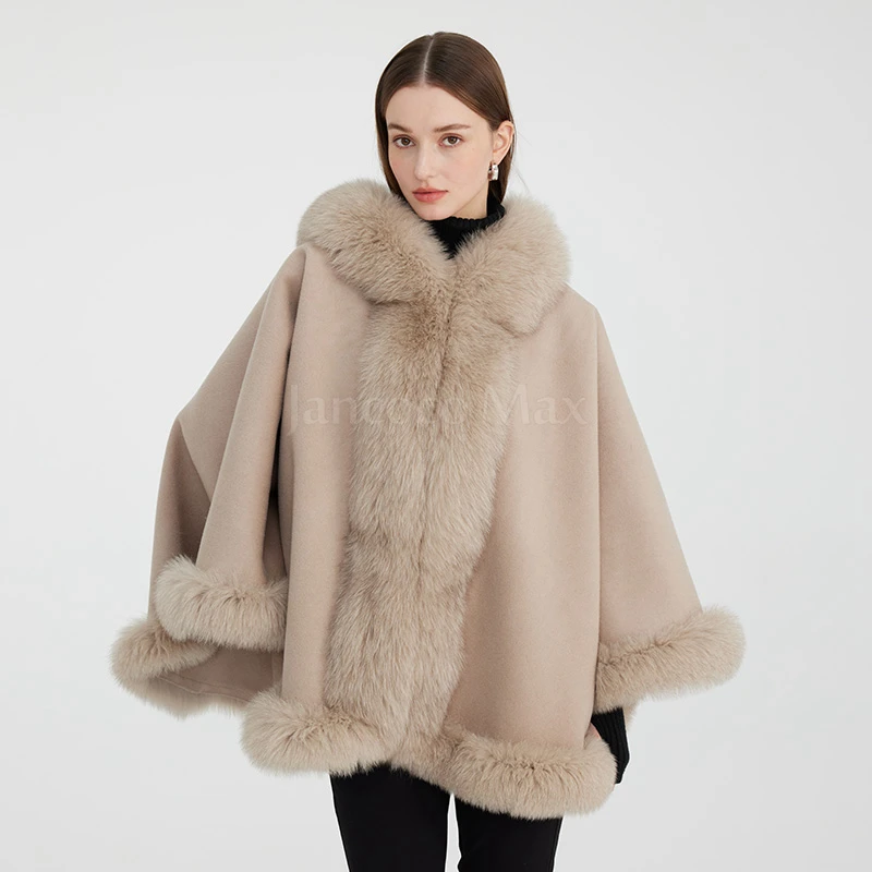 

Women's Fashion Poncho Real Silver Fox Fur Big Cloak Lady Streetwear Thick Warm Shawls With Hood XG5281