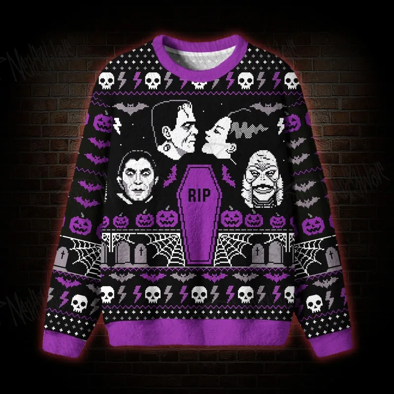 2026 New Retro Horror Monster Pixel Ugly Christmas Sweater Men‘s Women’s Kid‘s Family Pullover Funny Christmas Party Jumper