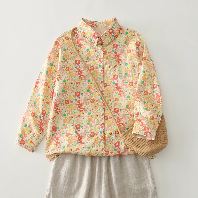 

Ретро-рубашка с цветочным принтом, свободного кроя, с отложным воротником, на пуговицах, женская, больших размеров, повседневная, весенняя мода