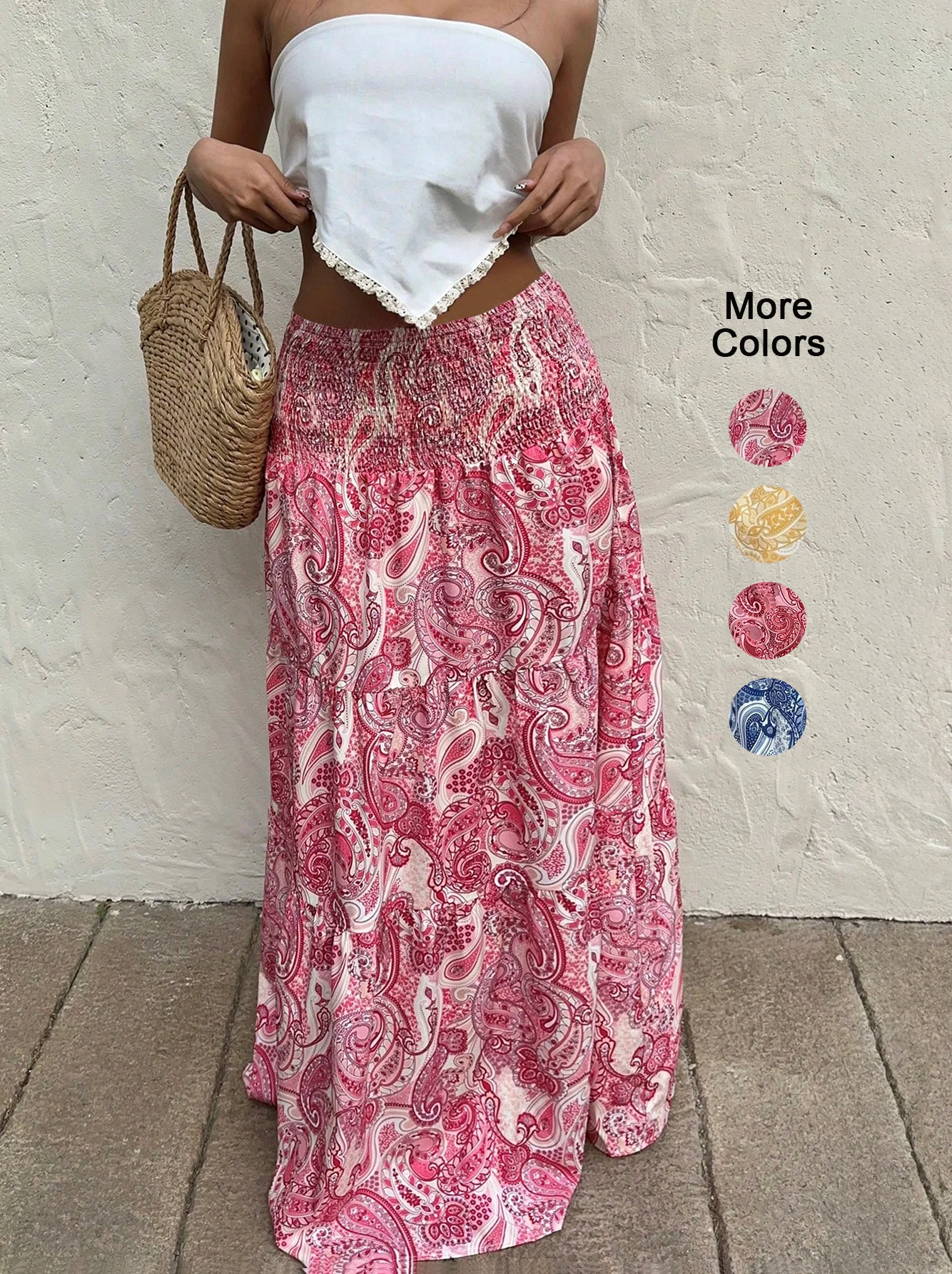 Long Skirt Vacation Style Stretchy Waist Long Maxi Skirt - Flowy Beach Skirt With Elastic Waistband