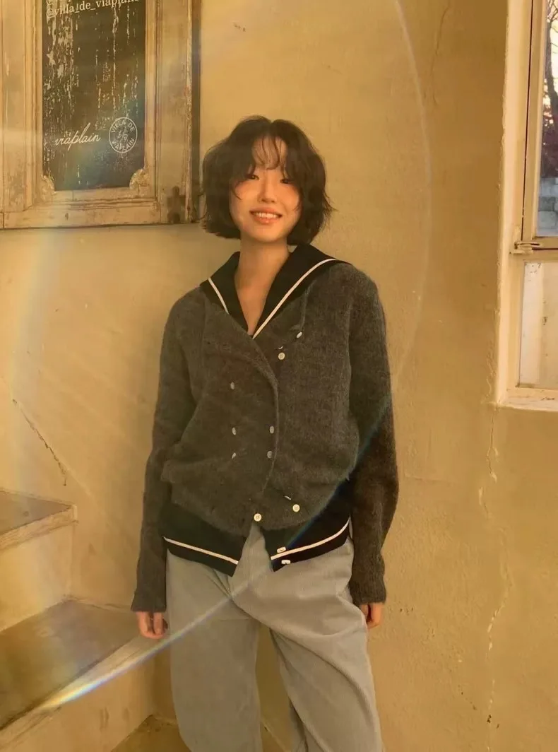 

Double-Row Button Decorative round Neck Long Sleeve Knitted Open Cardigan Women's Loose Fit Casual Style Color Autumn W...