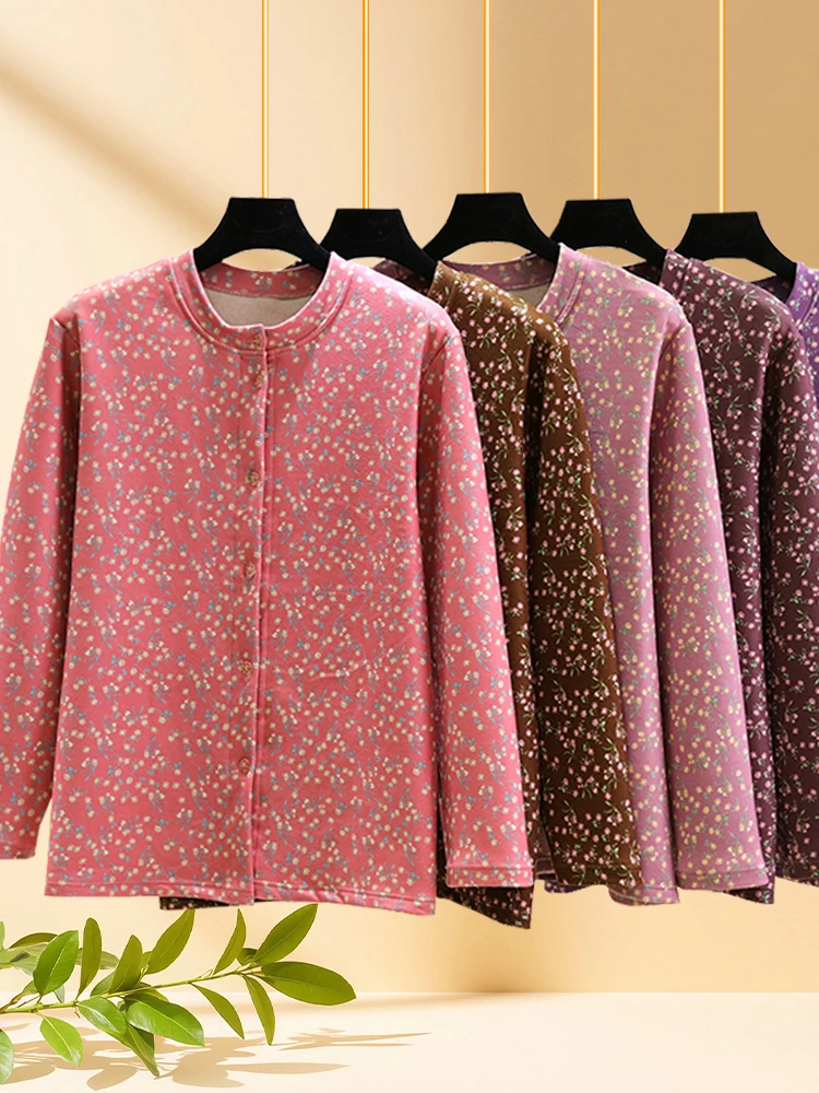 Floral Print Fleece Lined Single Button Cardigan Loose Fit Winter Sleepwear for Middle-Aged Women July Deer Brand