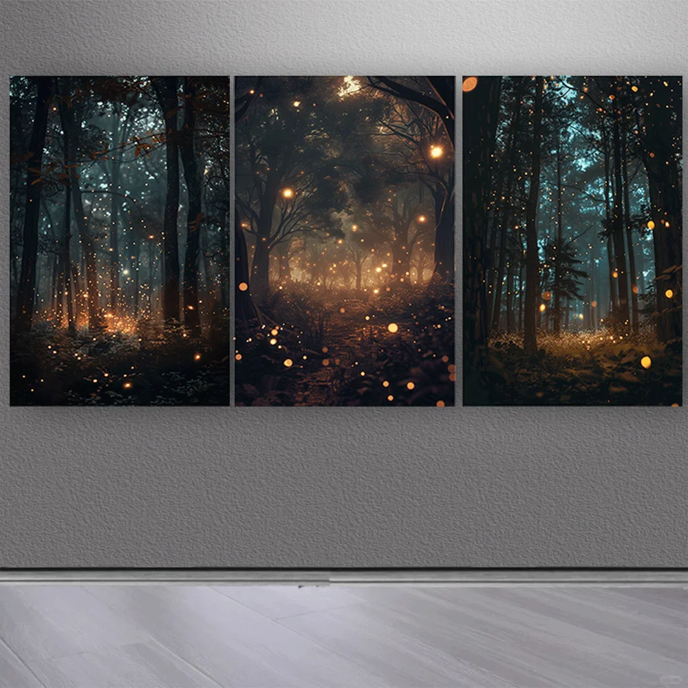 （NoFranme 3PCS）-3pcs Set, Enchanted Firefly Forest Canvas Art, 16x24inch, Unframed Wall Decor for Home, Bedroom, Office, Cafe