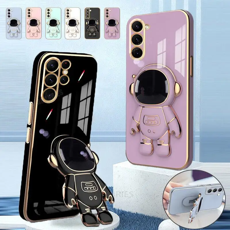 S23ultra Astronaut Holder Luxury Plating Case For Samsung Galaxy S23 Plus S22 Ultra S20 S21 Fe S10 Silicone Stand Cover S23fe 5g