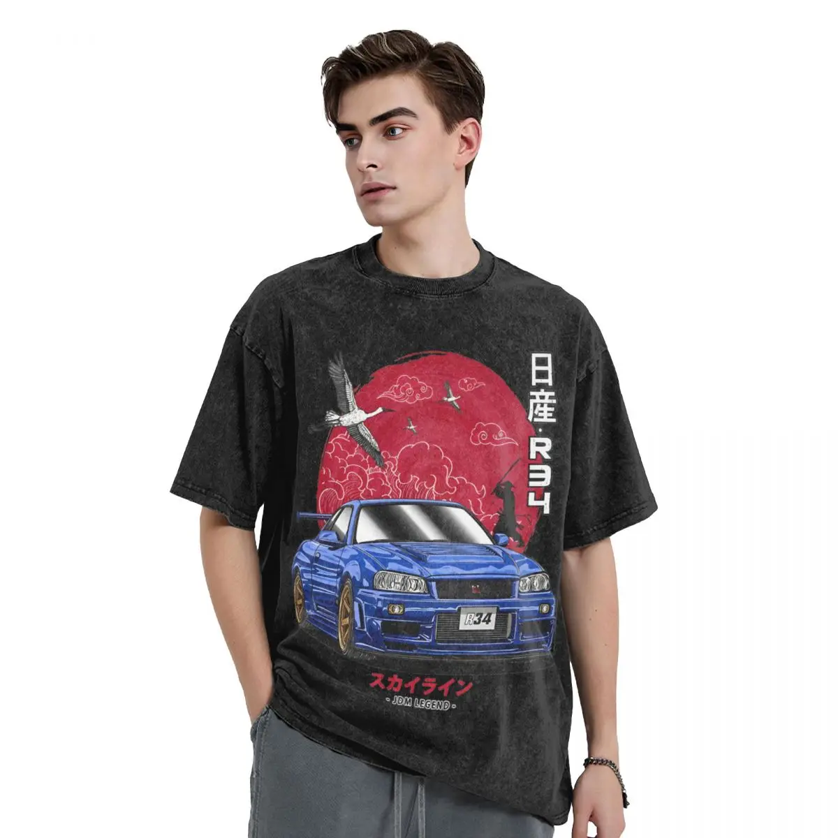 Washed T Shirt Skyline R34 Gtr Initial D Hip Hop Fashion T-Shirts Street Streetwear Cotton Printed Tops Tops Tees Men Women