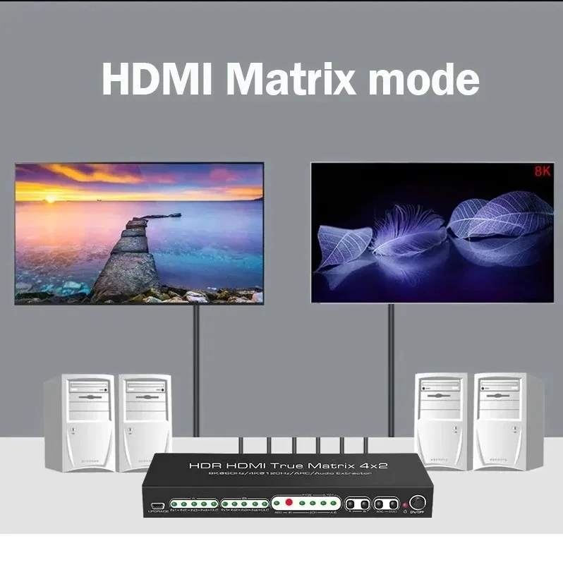 HD Matrix Splitter 4 In 2 Out HDR 4K 120Hz 8K 60Hz Dolby Vision Atmos Remote Control HD Switch Selector Box for PS5 XBOX TV