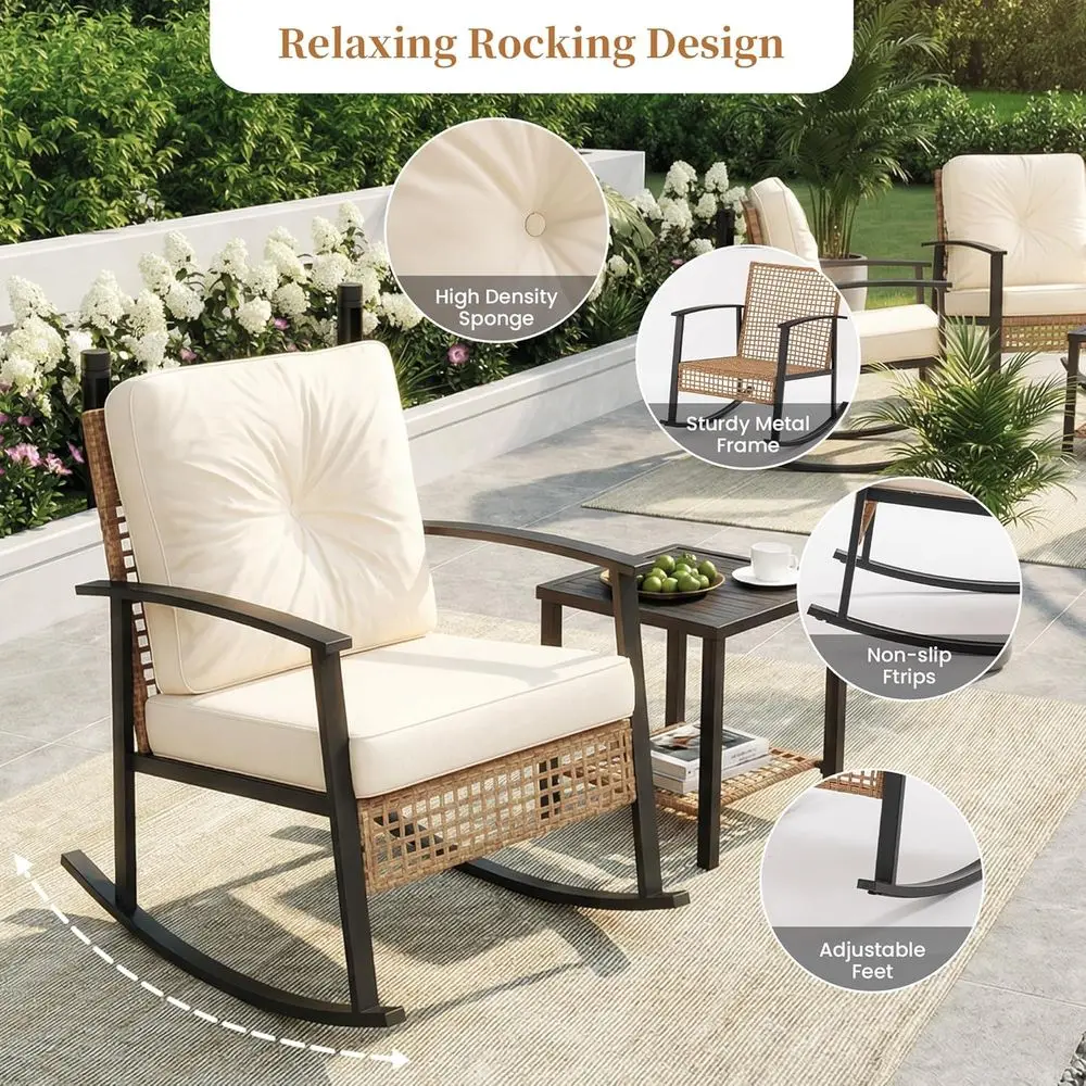3-Piece Outdoor Rocking Chairs Bistro Set, Rattan Patio urniture with Thick Warm Beige Cushions & 2-Tier Storage Coee Table or G