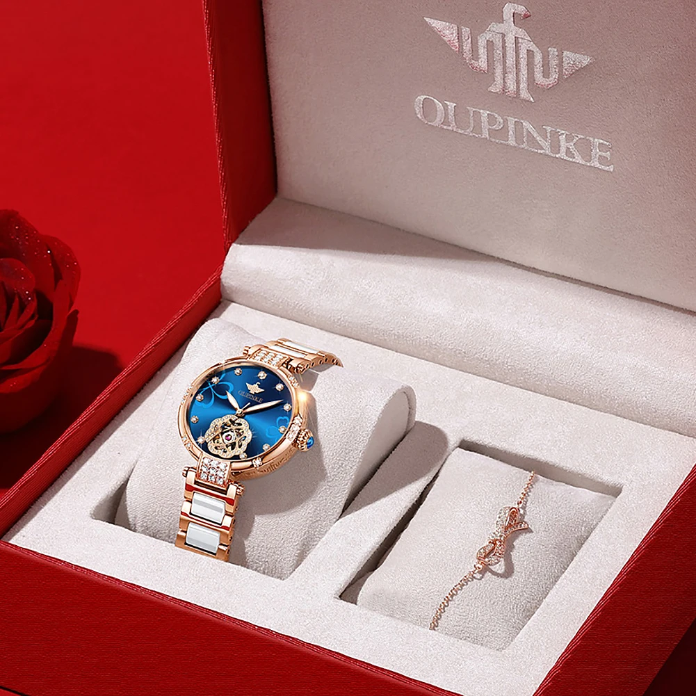 OUPINKE Top Luxury Brand Automatic Mechanical Women Watch Tungsten Steel Watchstrap Waterproof Gift Box Automatic Watches Women