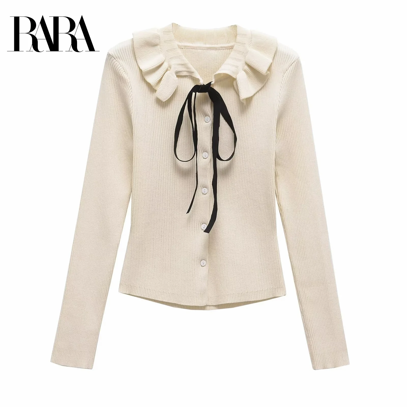 

RARA 2025 Women's Long Sleeve Knit Top with Ruffled Collar and Black Tie Detail Button - up Front for Casual Wear
