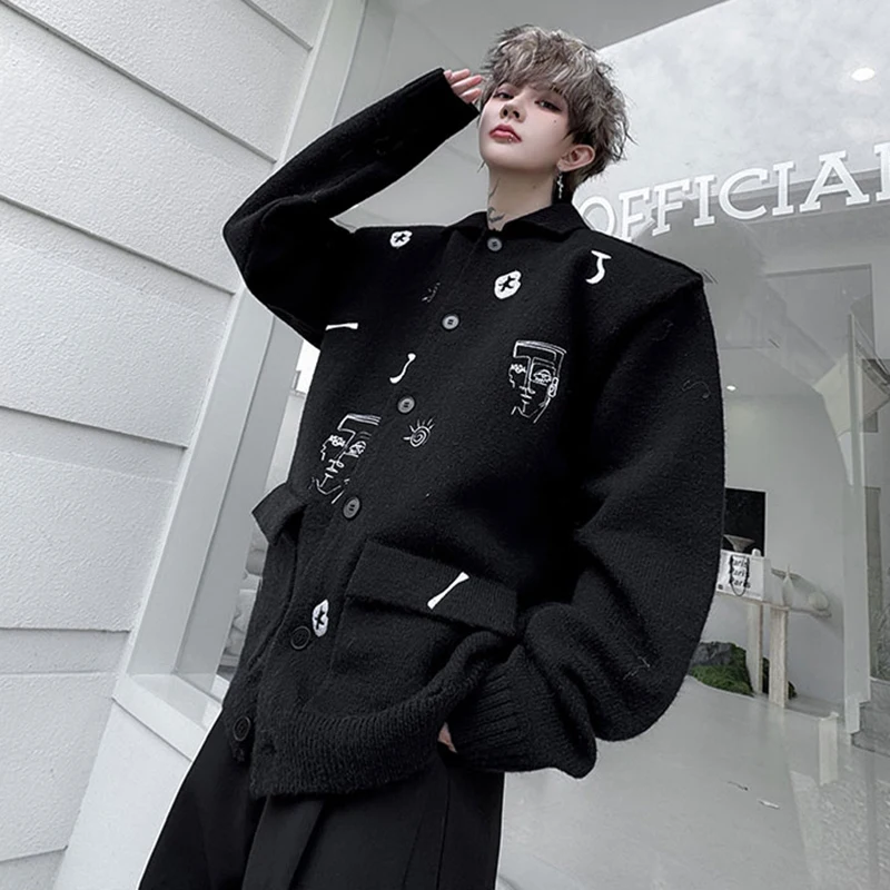 Luzhen moda padrão personalizado bordado solto lapela malha cardigan masculino elegante 2025 novo original camisola de rua jy4426