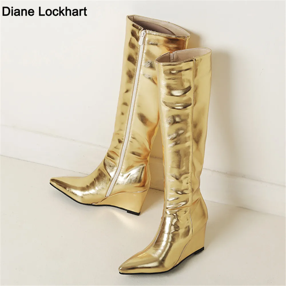

2025New Gold Silver Wedge Platform Women High Boots Knee High Boots Female Zip Fashion Height Heel Wedge Boot Casual Shoes Woman