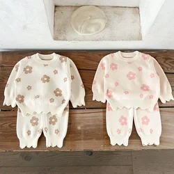 2024 New Autumn Newborn Baby Girls Knitted Clothing Set Long Sleeved Knitted Printed Pullover Shirt+Pants Children Clothes Suit