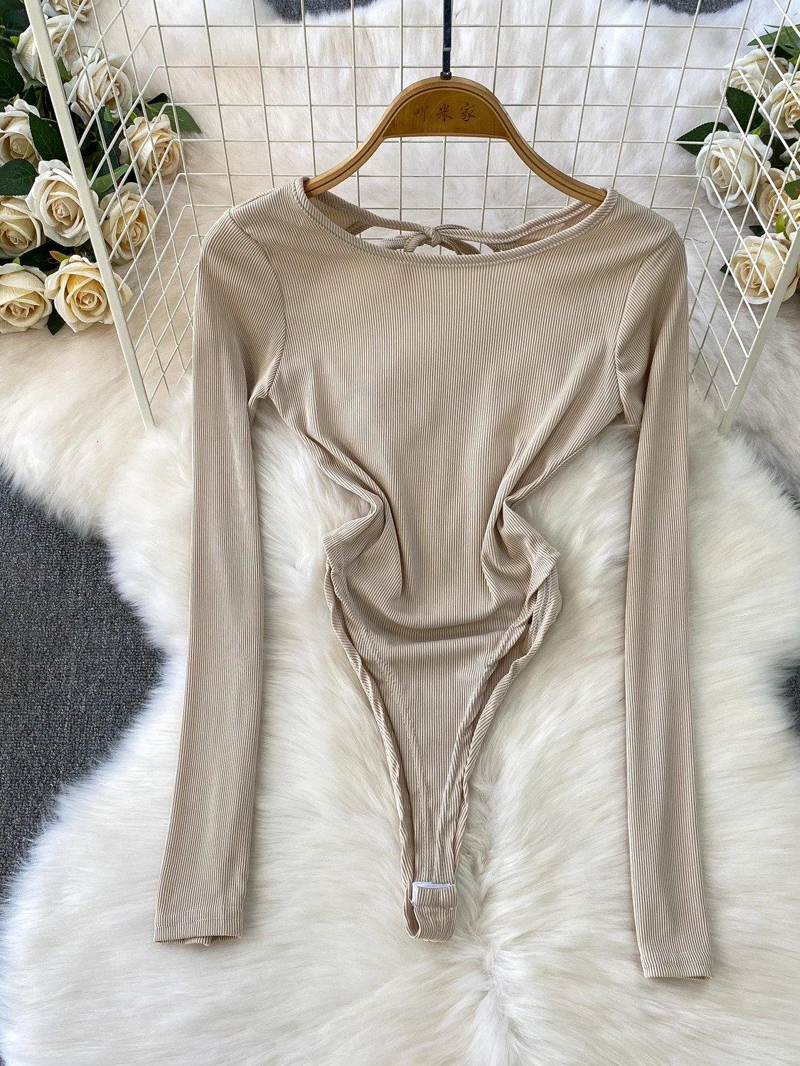 

Women's Khaki Bodysuits Overalls Y2k Basic Rompers Long Sleeve O-Neck Hollow Out Playsuits Vintage Sexy Rompers Clothes Spring